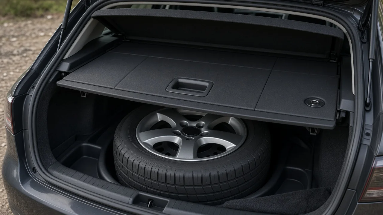 Open Volkswagen Jetta trunk showing the cargo floor and spare tire storage area