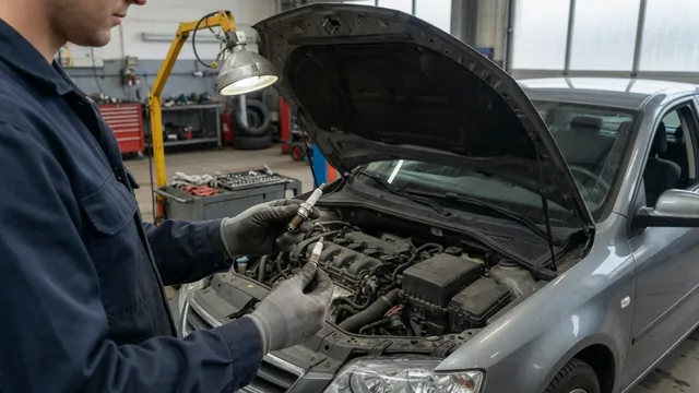 Spark plug inspection beside a parked vehicle with its engine off