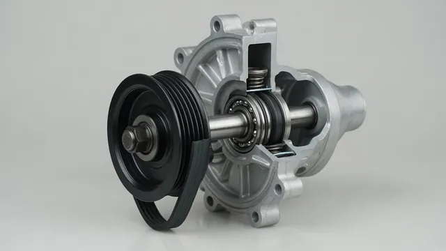 Illustration of a belt-driven water pump showing its pulley, shaft, bearing and coolant seal
