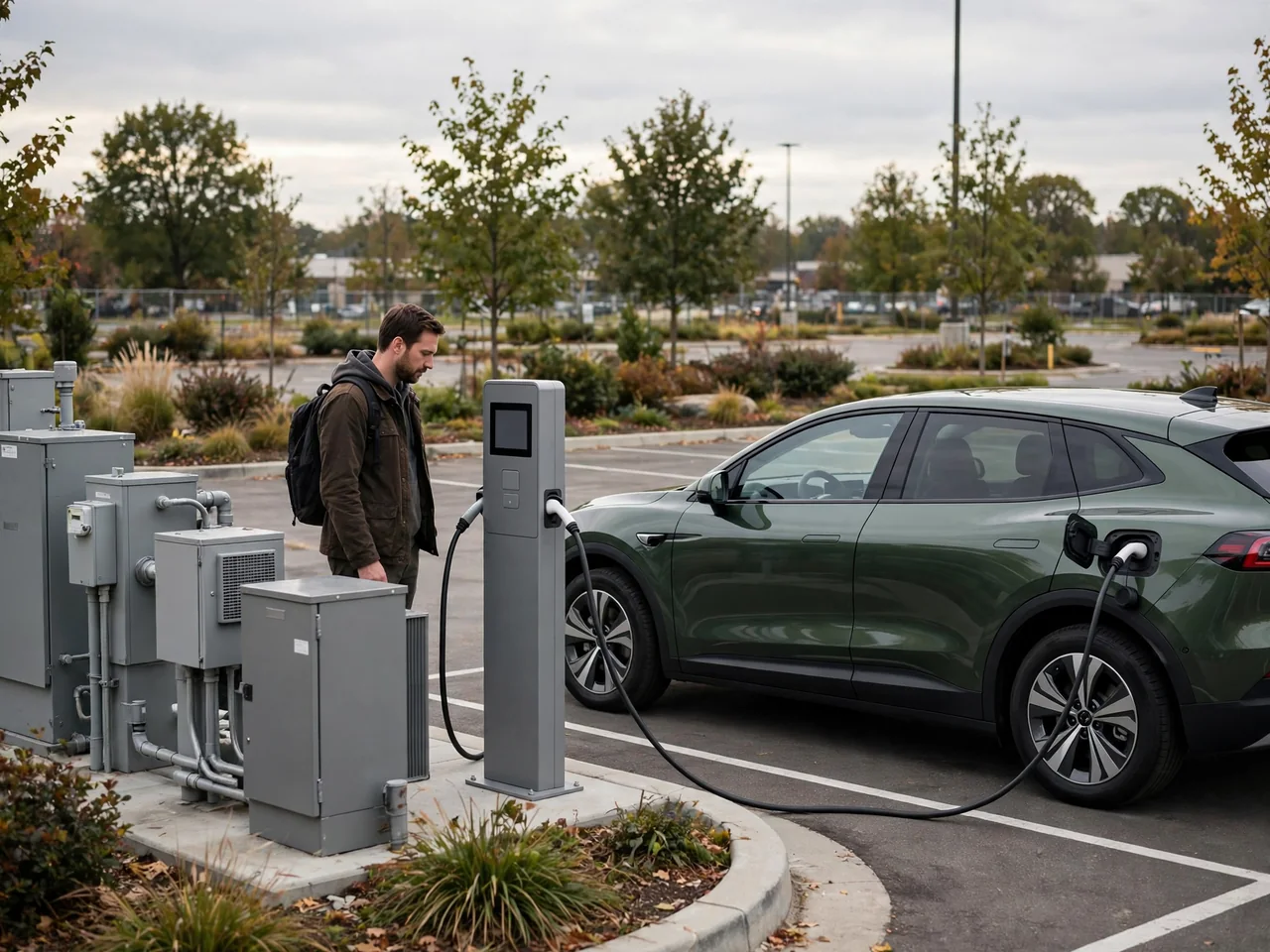 Public EV charging site with charging equipment, parking spaces, and a driver checking the station screen