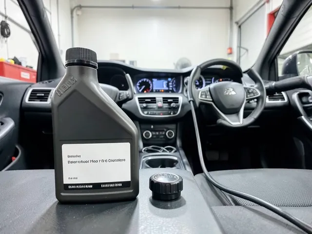Motor oil bottle with its specification label visible beside an engine oil filler cap