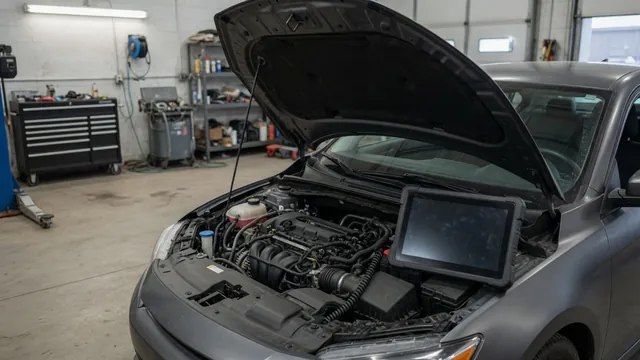 Engine coolant temperature reading on a scan tool beside a parked vehicle with its hood open