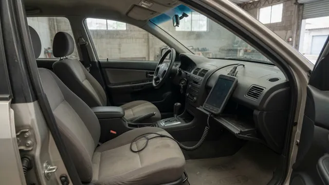 Diagnostic scanner displaying P1605 beside a parked vehicle's dashboard