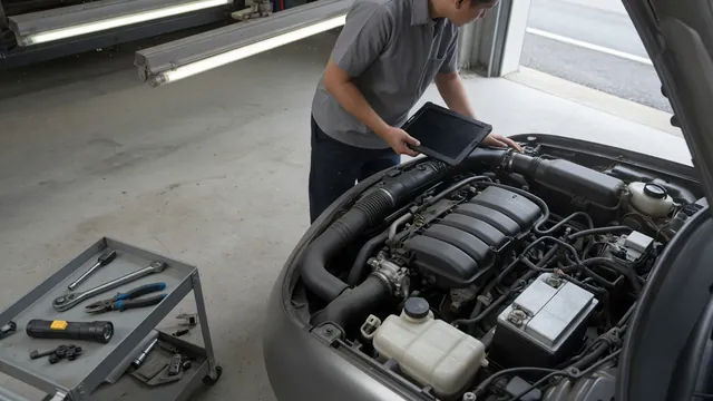 Technician reviewing diagnostic scan data beside an engine with an electronic throttle body
