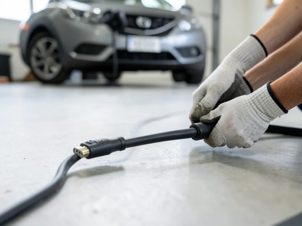 Gloved hands inspecting an EV charging cable and connector for damage in a home garage
