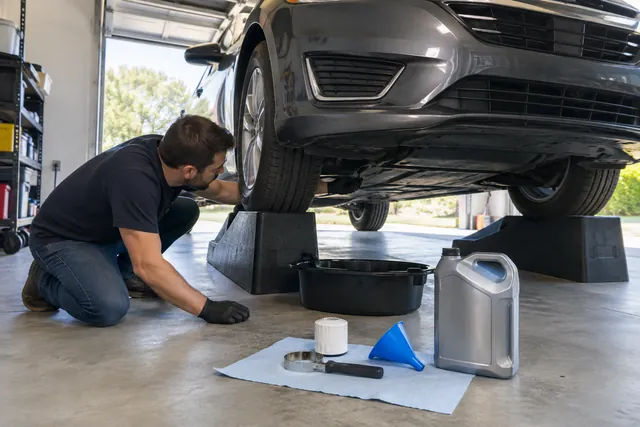 Person changing engine oil at home with a drain pan under a car on ramps, new oil and filter ready