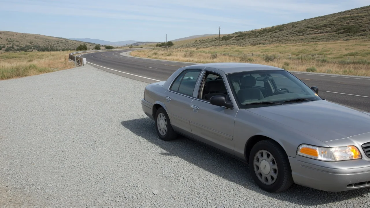 Car safely parked in a roadside turnout with hazard lights on after an engine stall