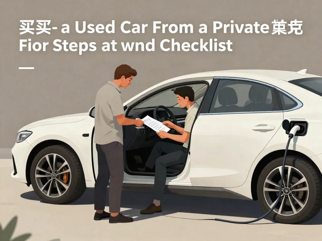 Buyer and private seller reviewing vehicle paperwork beside a parked used car in daylight.