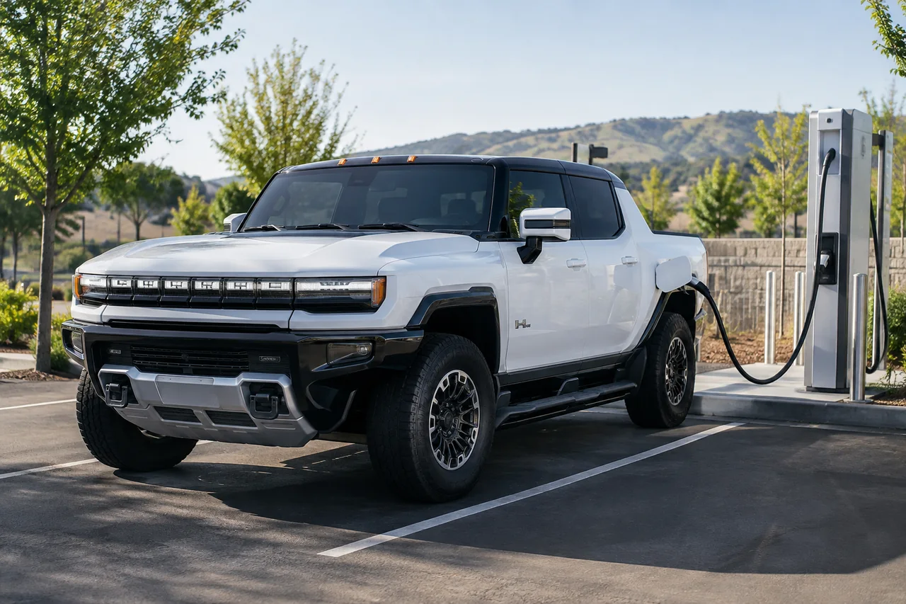 GMC Hummer EV parked beside a charging station with its charge port connected
