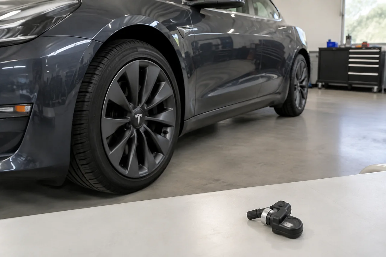 Tesla wheel and tire with a TPMS sensor displayed beside the valve stem