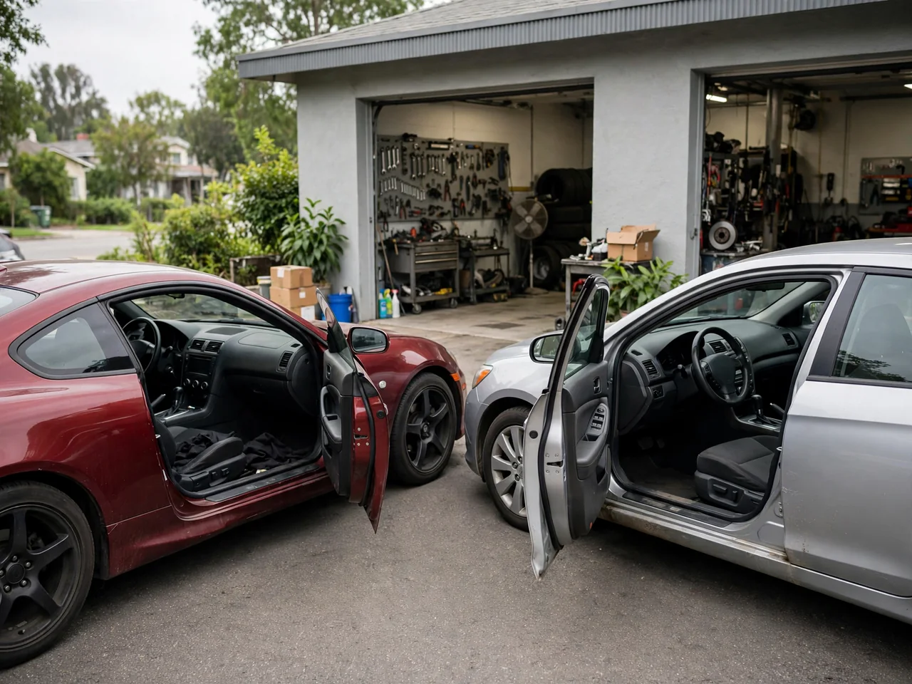Used sports coupe and sedan parked with automatic gear selectors visible through open driver doors
