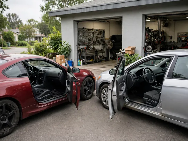 Used sports coupe and sedan parked with automatic gear selectors visible through open driver doors