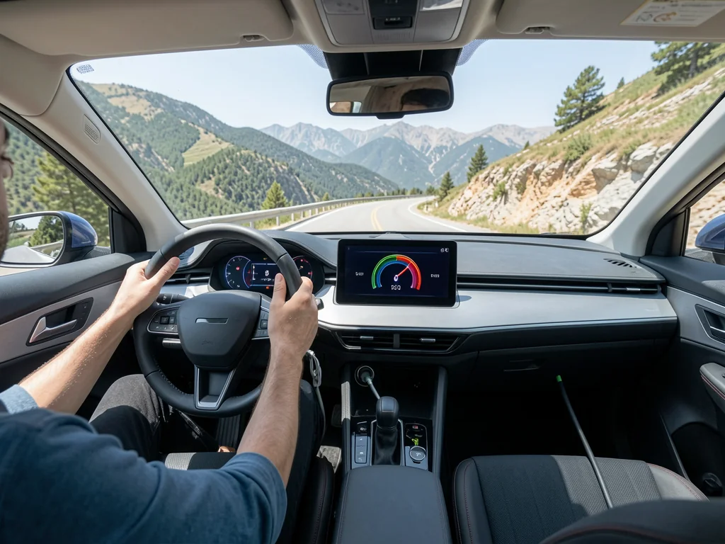 Electric car on a downhill road, its dashboard power gauge showing energy recovery from regenerative braking