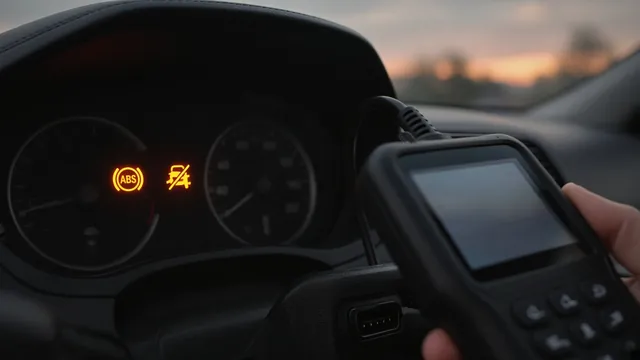 Car dashboard with ABS and traction control warning lights on, and a diagnostic scan tool plugged in