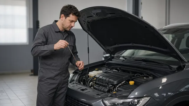 Parked car with its hood open as a technician checks the engine oil dipstick