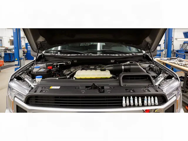 Spark plugs beside a Ford F-150 engine bay prepared for professional inspection