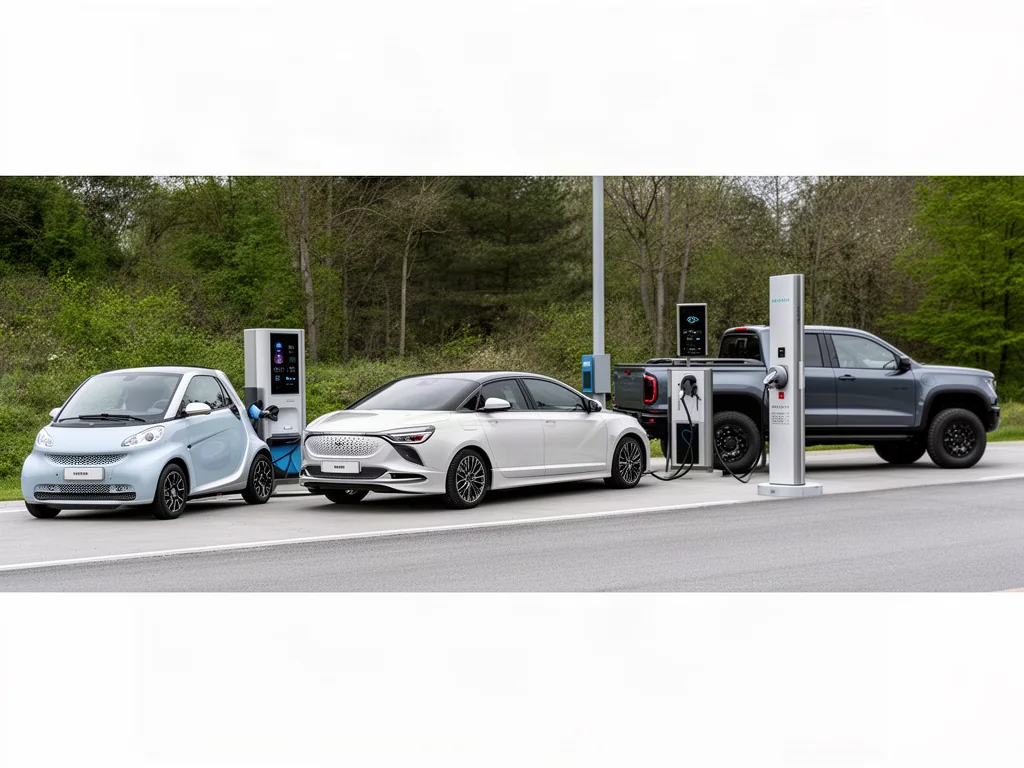Illustration of electric hatchbacks, a plug-in sedan and a pickup at a charging stop