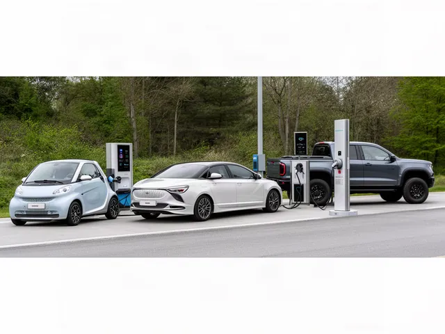 Illustration of electric hatchbacks, a plug-in sedan and a pickup at a charging stop