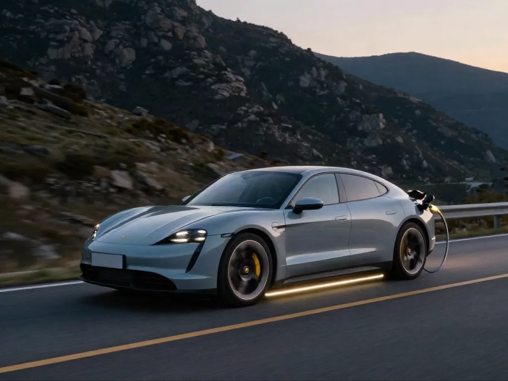 Porsche electric sedan and SUV on a mountain road, with glowing trails showing braking energy flowing back to the battery