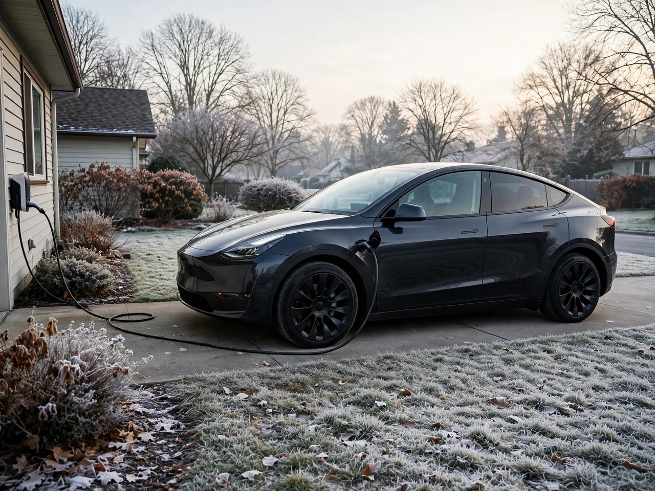 Tesla Model Y parked beside a residential driveway on a cold morning