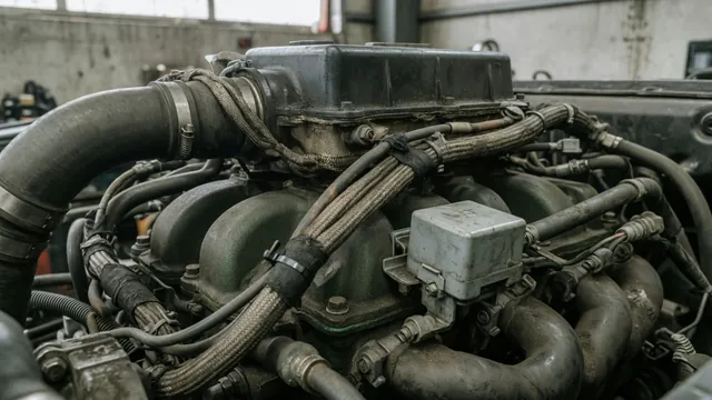 Diesel engine intake heater area with wiring and a nearby relay housing