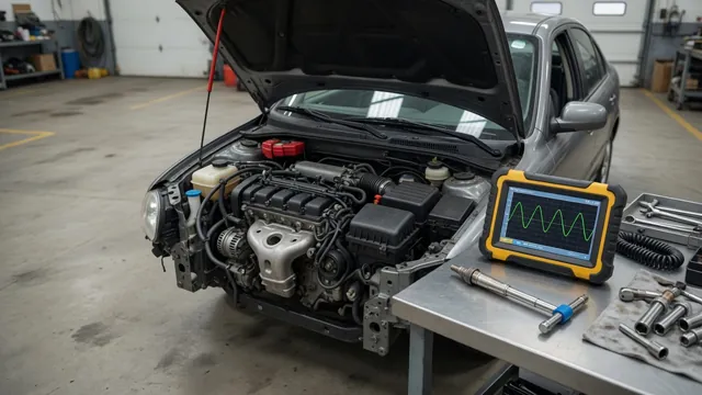 Diagnostic scanner beside an engine bay displaying an oxygen sensor signal graph