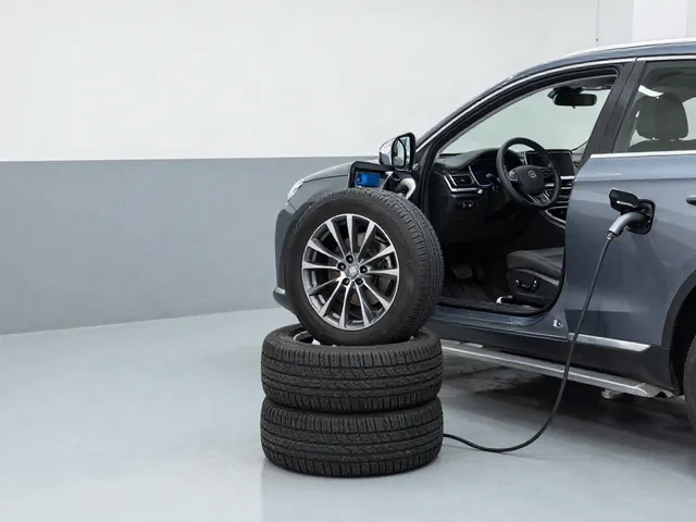 Technician inspecting a wheel on a balancing machine beside a vehicle in a tire service bay