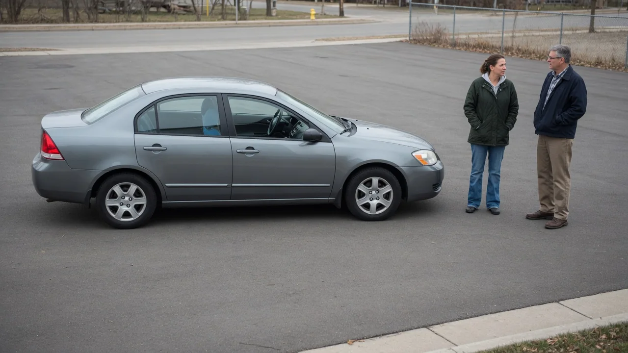 Parked car outdoors with its engine off and occupants standing away from the vehicle in fresh air