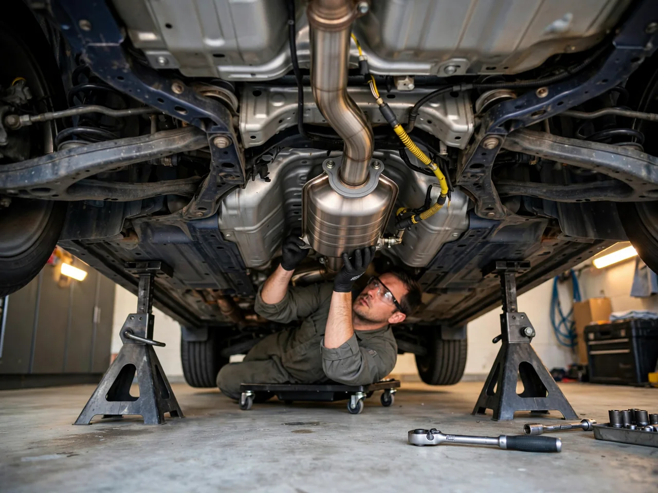 Mechanic under a car on jack stands fitting a new catalytic converter to the exhaust flange with a new gasket