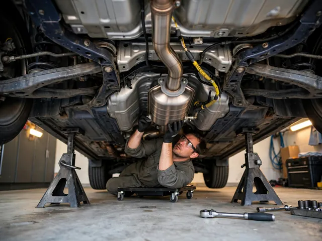 Mechanic under a car on jack stands fitting a new catalytic converter to the exhaust flange with a new gasket