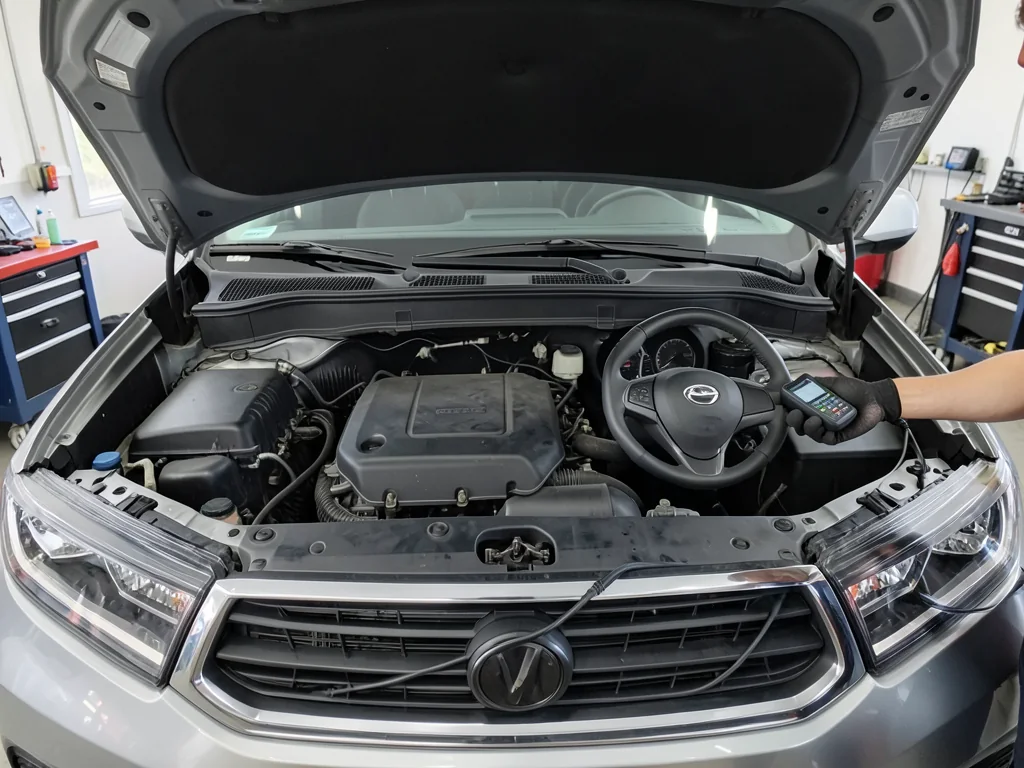 Technician using a scan tool beside the open engine bay of a midsize SUV in a repair shop