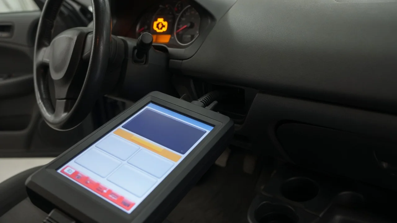 OBD-II scan tool plugged into a car's diagnostic port, reading a trouble code with the check engine light on