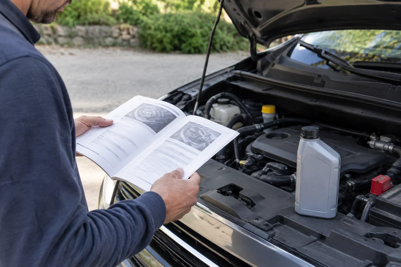 Owner checking a vehicle manual beside a power steering fluid bottle with its specification label visible