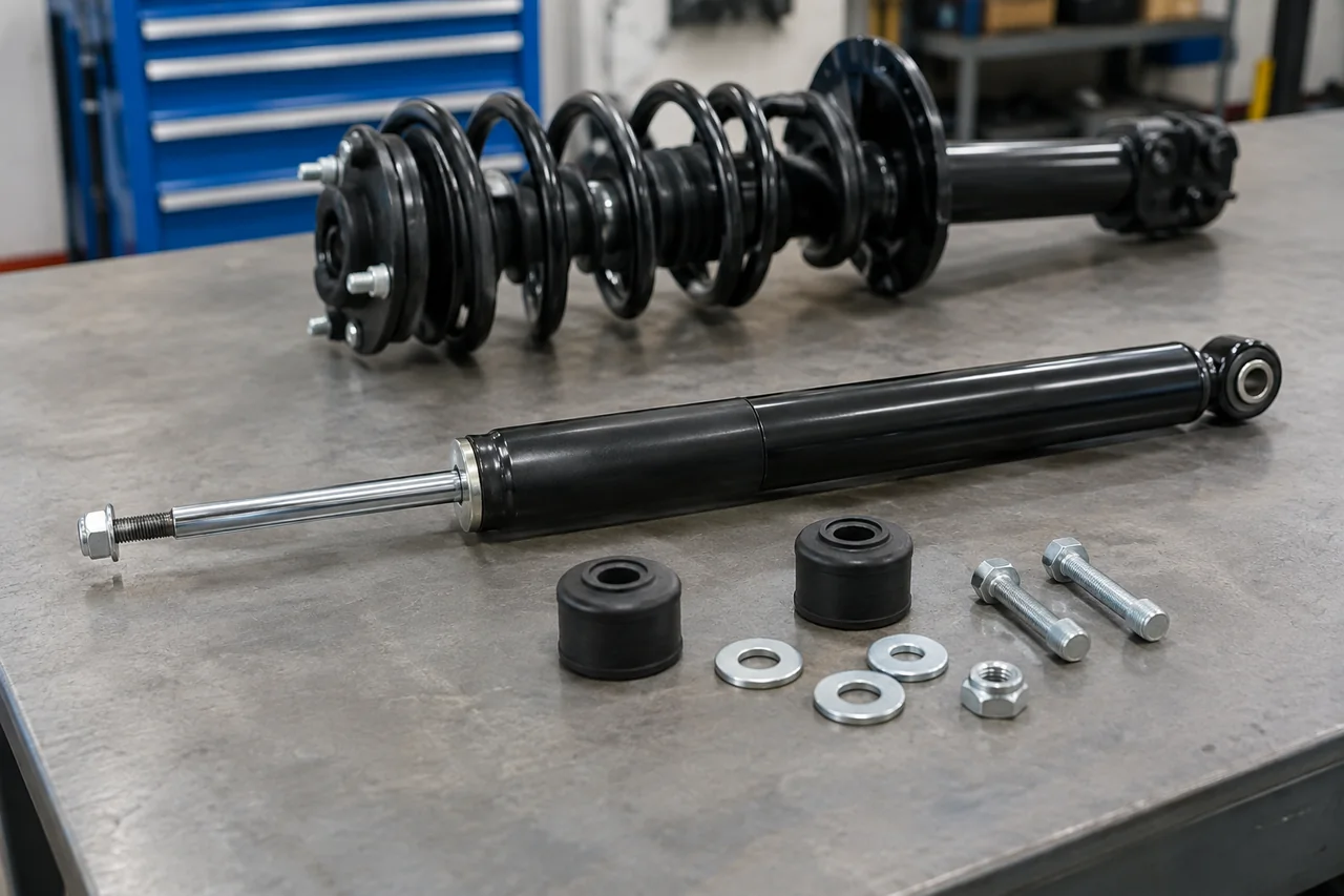 New gas-charged shock absorber and mounting hardware on a workbench, with a strut and coil spring behind it