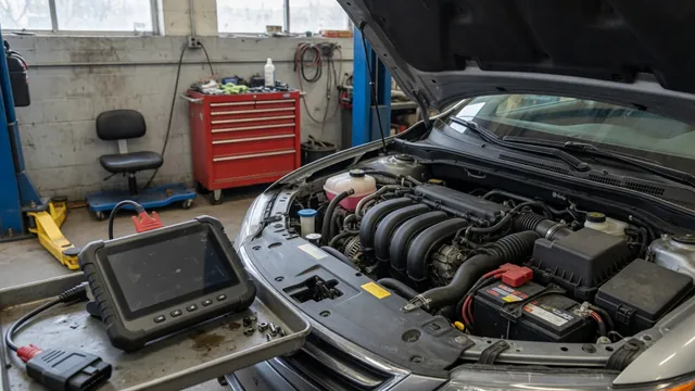 Scan tool beside an engine bay during diagnosis of a fuel shutoff valve control circuit fault