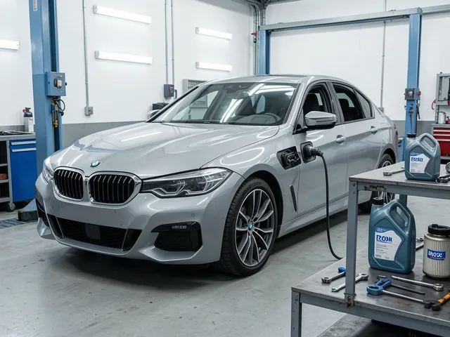 Oil containers and a cartridge filter arranged beside a BMW parked in a clean service bay