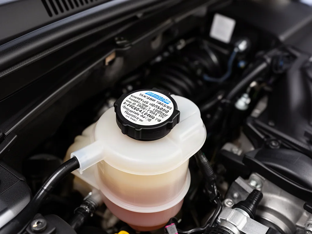 Power steering reservoir with a fluid specification label visible on its cap in an engine bay