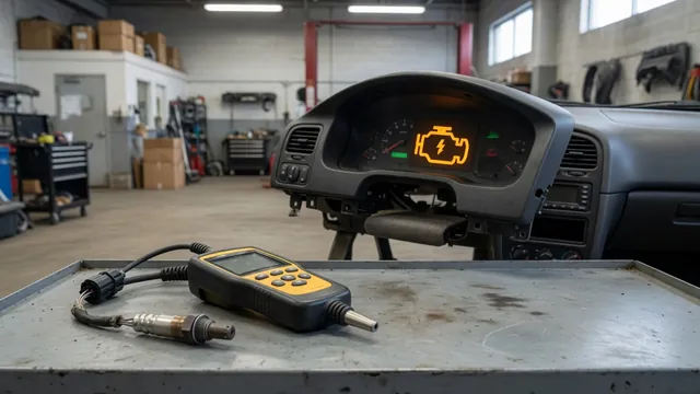 Illuminated check engine light with an oxygen sensor and diagnostic scanner shown nearby