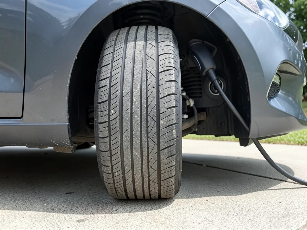 Close-up of an electric car tire showing tread grooves and shoulder wear during a parked inspection
