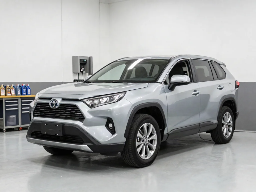 Toyota RAV4 and Highlander parked in a clean automotive service bay for rear drivetrain maintenance