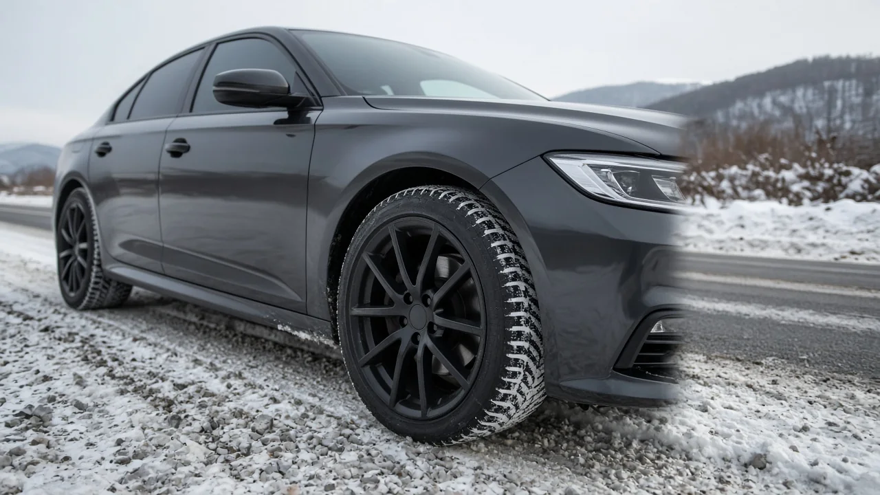 Performance winter tire with visible tread blocks and sipes on a sports sedan parked beside a snowy road.