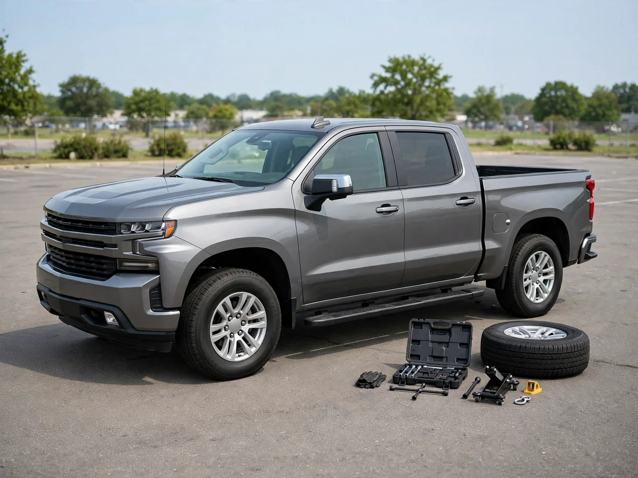 Chevy Silverado parked on level pavement with a spare tire and tire tool kit beside the truck