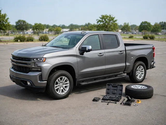 Chevy Silverado parked on level pavement with a spare tire and tire tool kit beside the truck