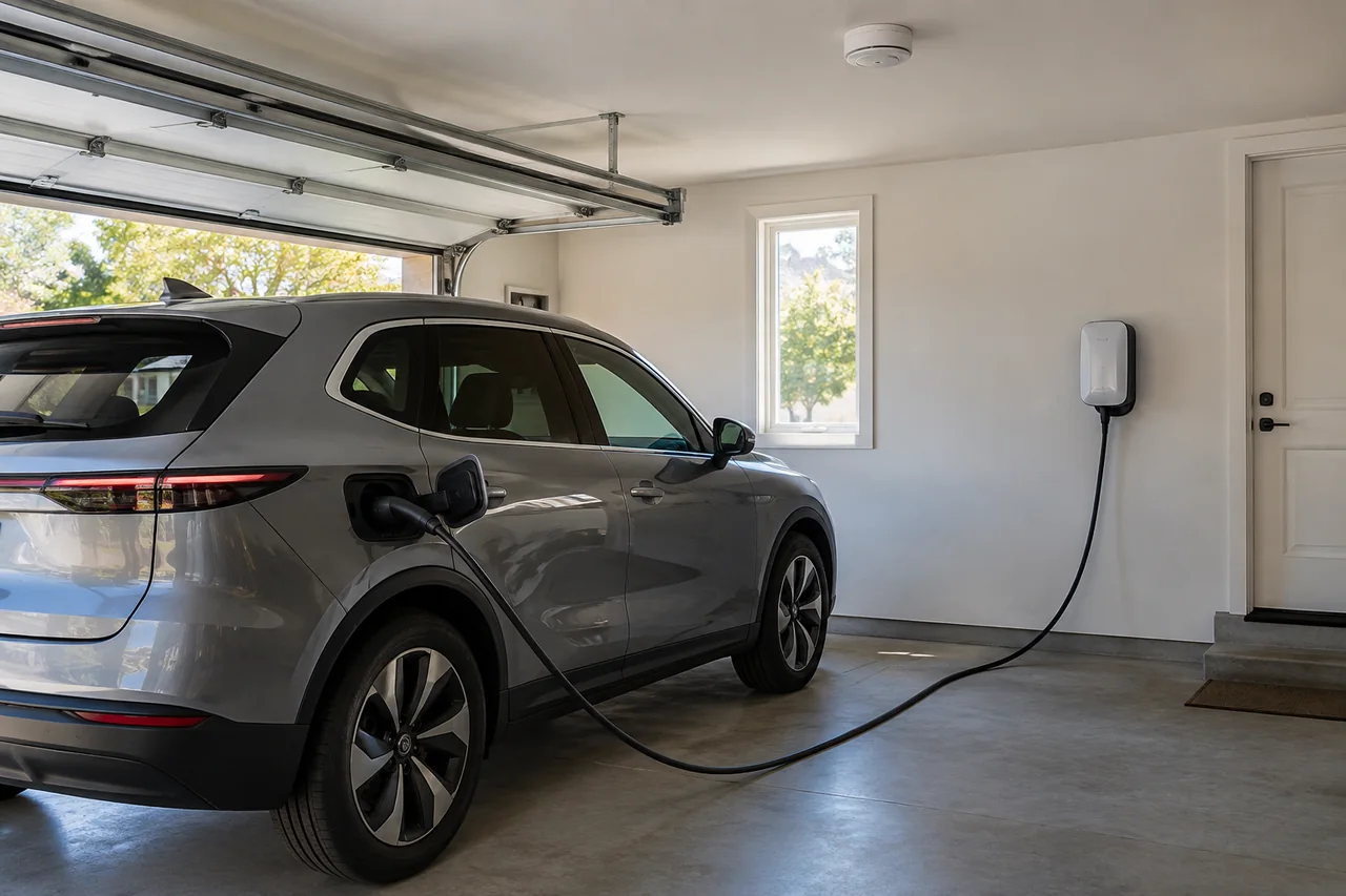 Electric car charging from a wall-mounted home charger in a clean, uncluttered garage with a ceiling smoke alarm