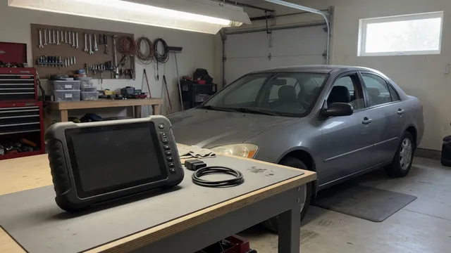 Diagnostic scanner displaying P1031 beside a parked vehicle with its engine off