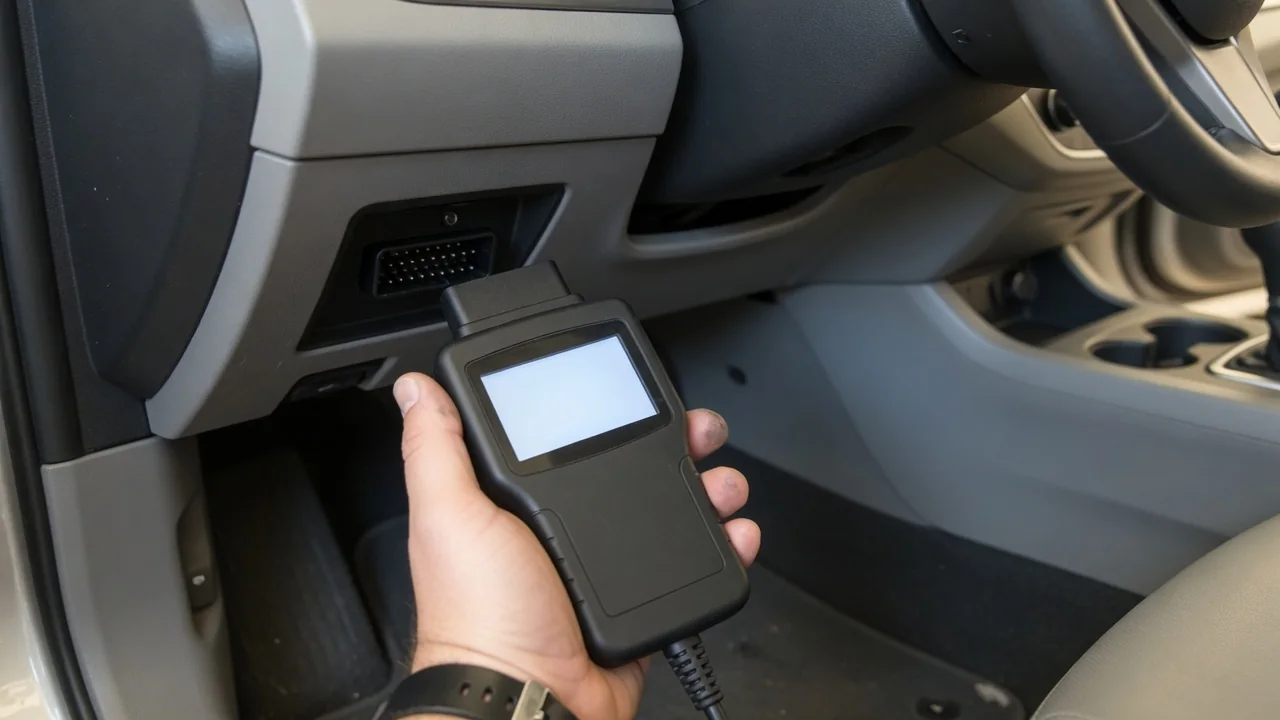 Technician connecting an OBD-II scan tool to a car's diagnostic port to read a manufacturer-specific trouble code