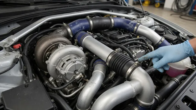 Close-up of a turbocharger and charge air hoses in a car engine bay while a technician inspects a hose clamp