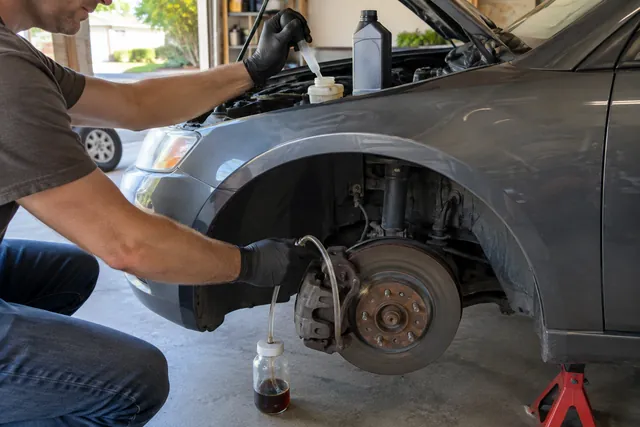 Clear hose on a brake caliper bleeder draining old fluid into a bottle during a home brake fluid flush
