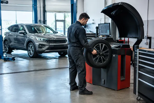 Technician checking a wheel on a tire balancing machine in an automotive service bay