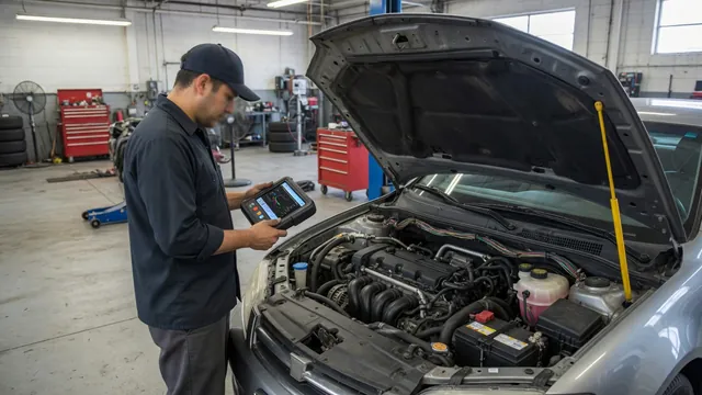 Technician reviewing fuel temperature diagnostic data on a scan tool beside an open vehicle hood